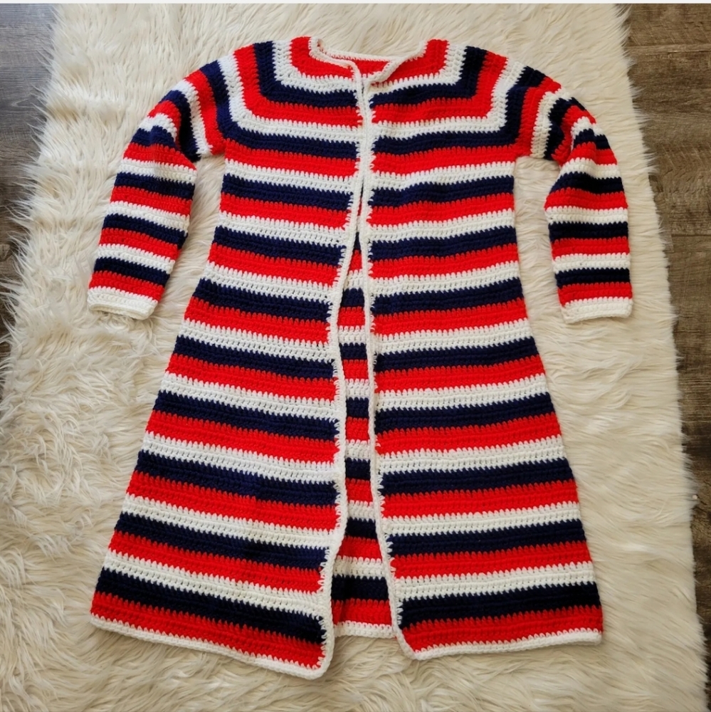 VTG 60's CROCHET KNIT Afghan Coat Cardigan Handmade Patriotic Red White Blue M/L